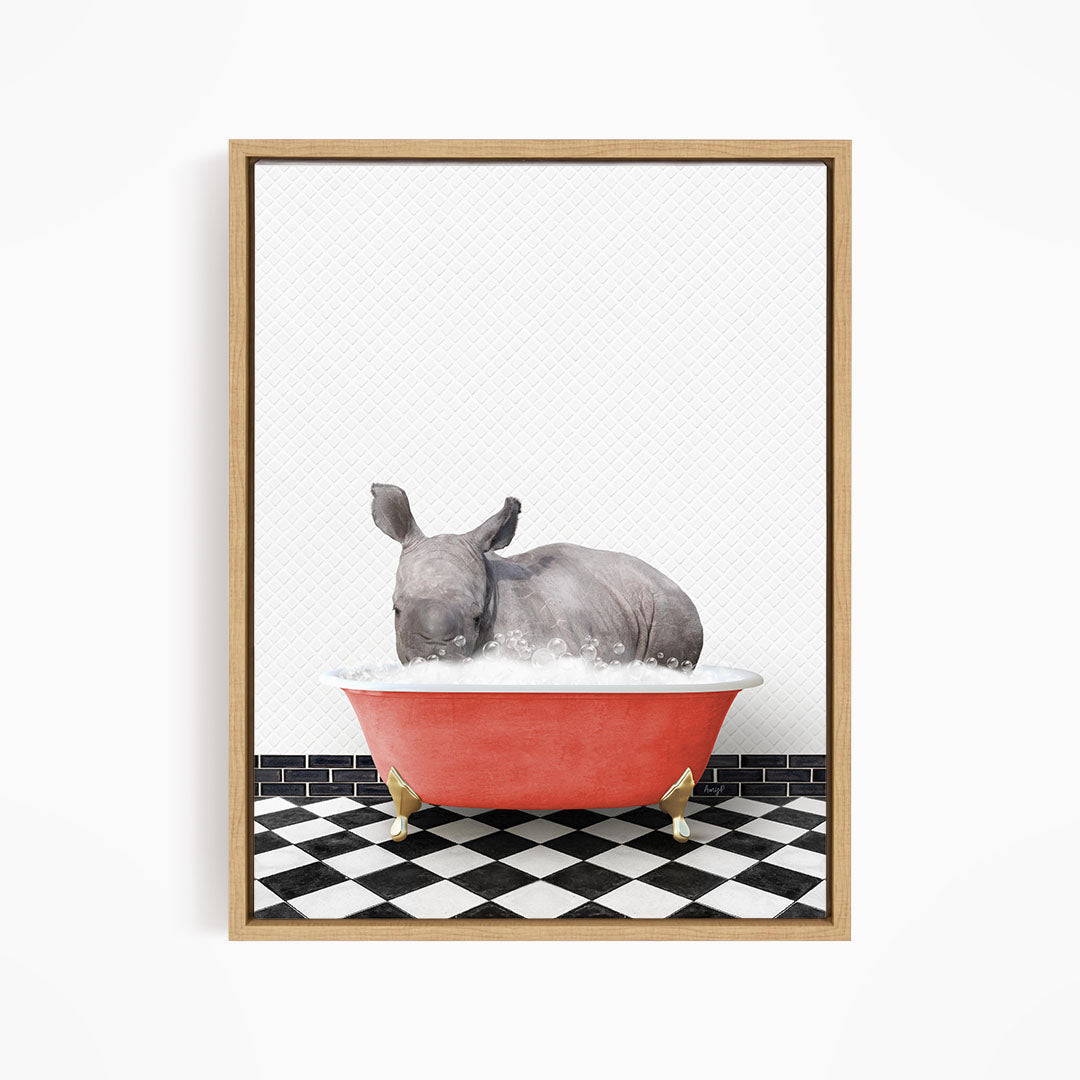 A rhinoceros is sitting in a red bathtub filled with water, surrounded by a black and white checkered floor.