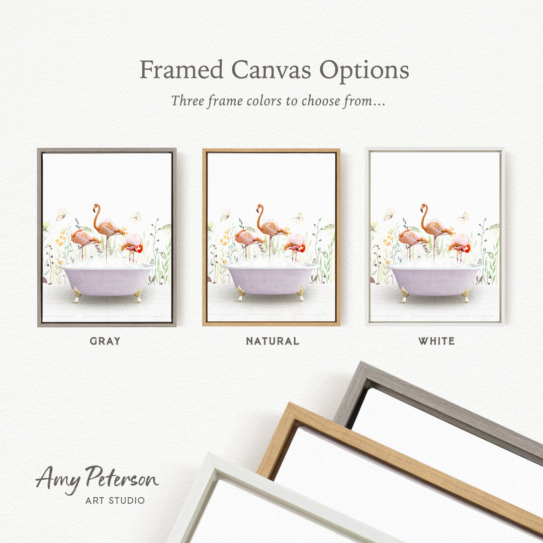 three framed canvas options, each featuring a different color and frame style. The options include a gray frame, a natural frame, and a white frame. The text above the options reads " Framed Canvas Options Three frame colors to choose from...".