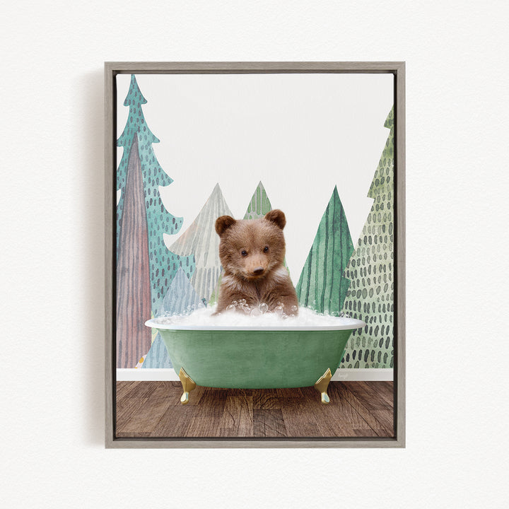 A cute brown bear sitting in a green bathtub, surrounded by a forest-themed background.