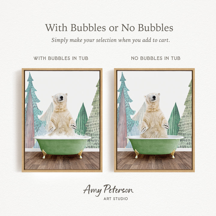 The image is a collage of two pictures featuring a polar bear sitting in a green bathtub. The polar bear appears to be enjoying the bath, surrounded by a snowy landscape with trees. The collage includes a text overlay that provides instructions for selecting the desired bathtub, either with bubbles or without bubbles, depending on the viewer's preference.