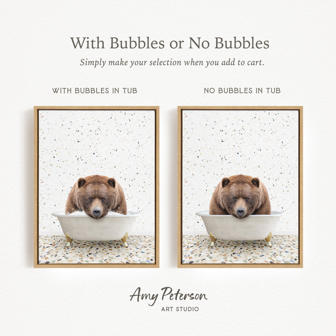 The image is a collage of two pictures featuring a bear sitting in a tub. The bear is brown and appears to be resting or sleeping in the tub. The text above the images reads "With Bubbles or No Bubbles" and below the images, it says "Simply make your selection when you add to cart."