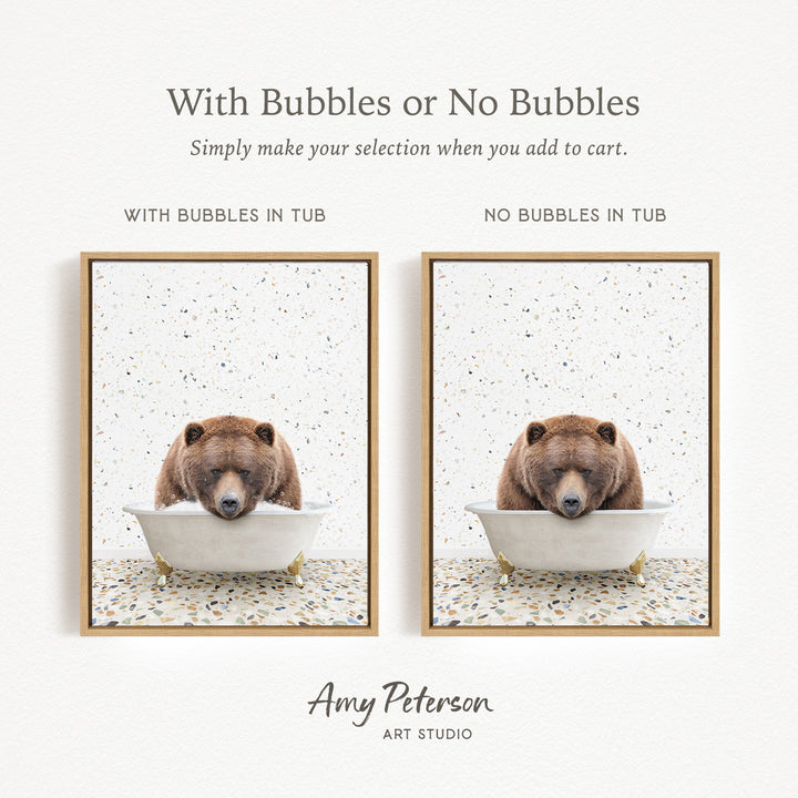 The image is a collage of two pictures featuring a bear sitting in a tub. The bear is brown and appears to be resting or sleeping in the tub. The text above the images reads "With Bubbles or No Bubbles" and below the images, it says "Simply make your selection when you add to cart."