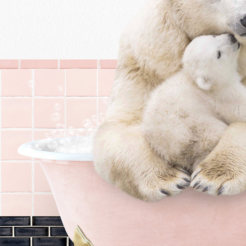 a mother polar bear and her cub in a bathtub