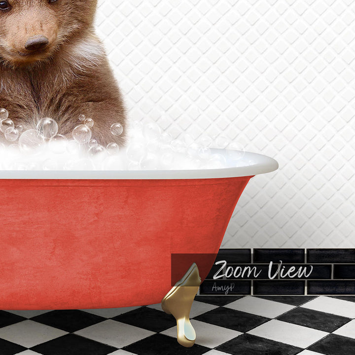 A brown bear sitting in a red bathtub filled with bubbles, with a black and white checkered floor and a tile wall in the background.