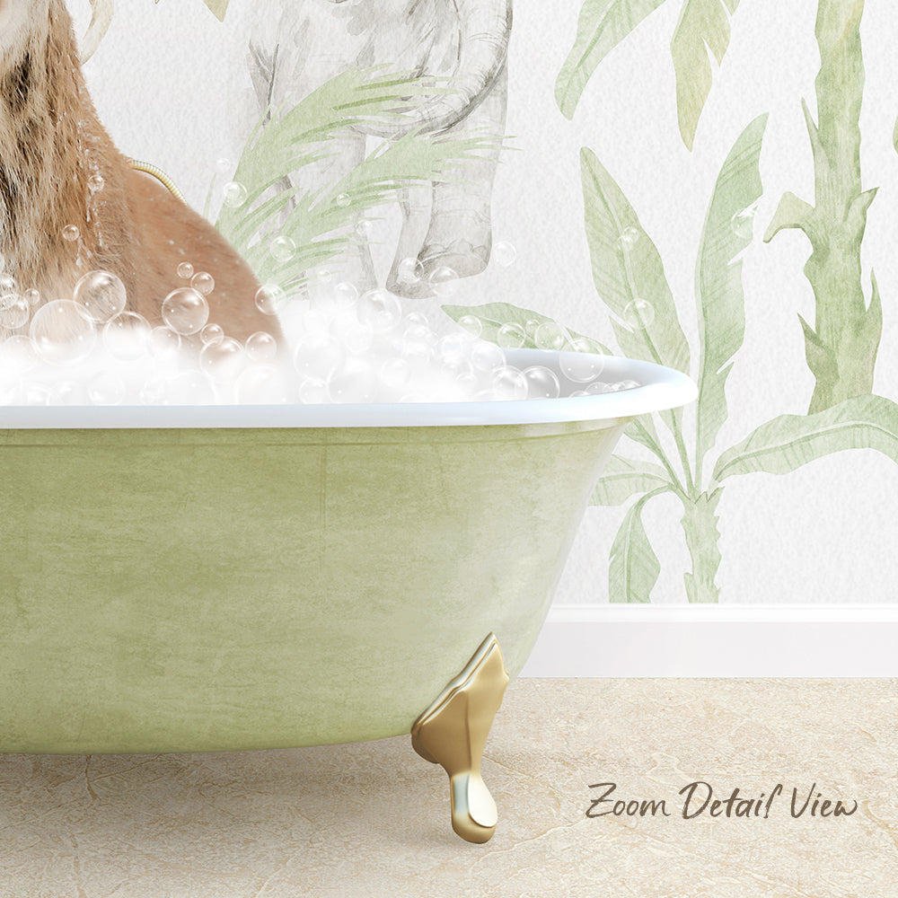 A bathtub filled with bubbles, with a dog sitting inside and enjoying the bath. The bathtub has gold-colored legs and is placed against a wall with a green and white leaf pattern.