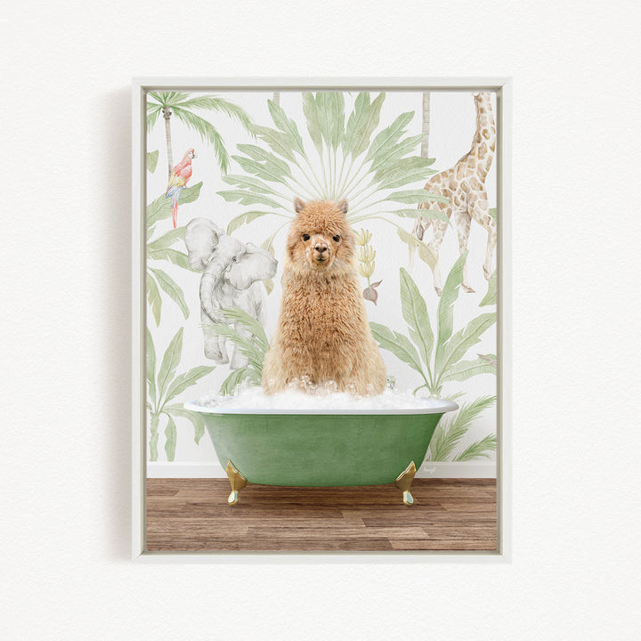 A fluffy brown dog is sitting in a green bathtub, surrounded by tropical plants and animals, including a parrot and a giraffe, creating a whimsical and playful scene.