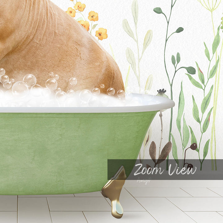 A dog is taking a bath in a green bathtub, surrounded by flowers and plants, creating a serene and relaxing scene.