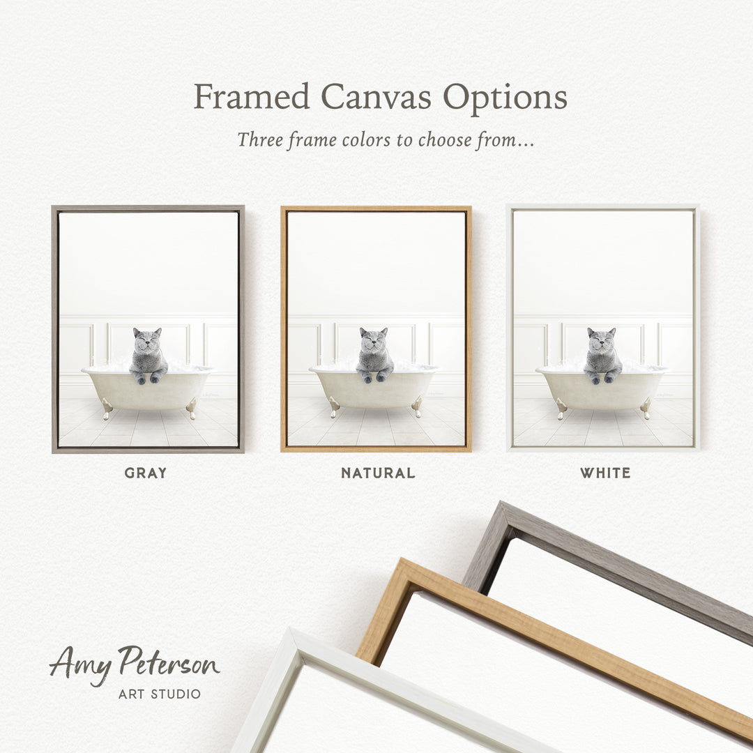 three framed canvas options, each featuring a cat sitting in a bathtub. The options include a gray frame, a natural frame, and a white frame.