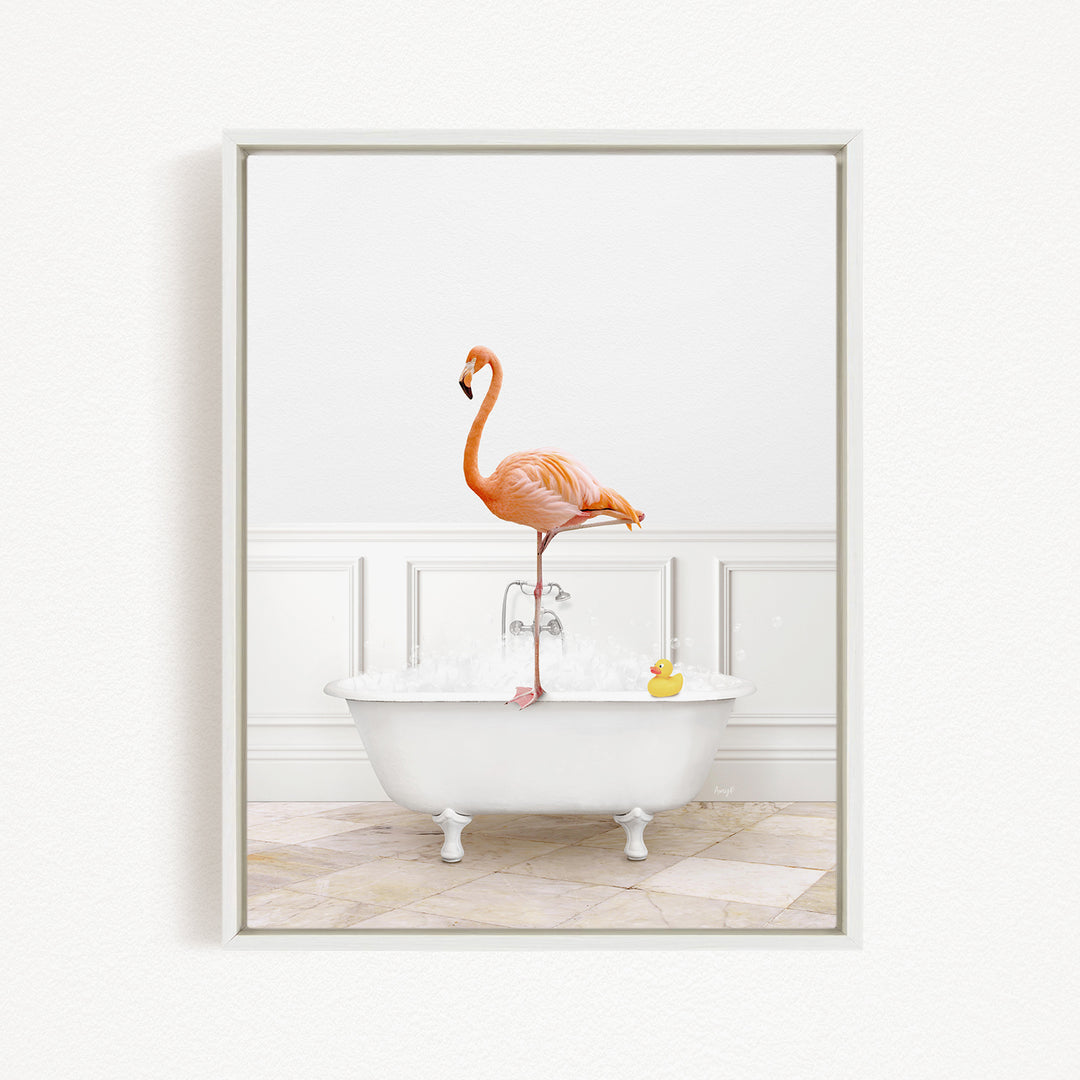A pink flamingo stands on one leg in a white bathtub filled with water, with a yellow rubber duck floating nearby.