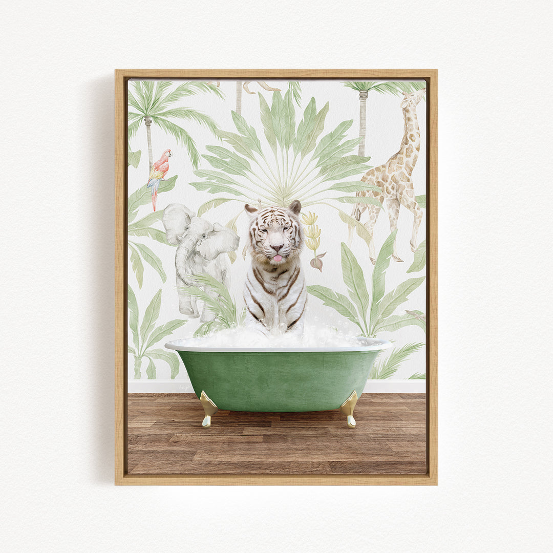 A framed print depicting a tiger sitting in a green bathtub surrounded by various animals, including a parrot, giraffe, and elephant, against a tropical wallpaper background.