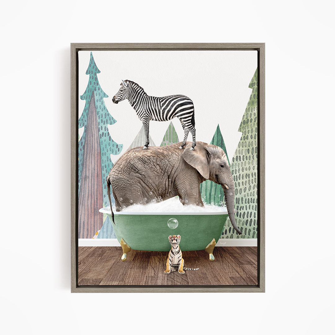 A zebra stands on the back of an elephant, which is submerged in a green bathtub, with a tiger sitting nearby.