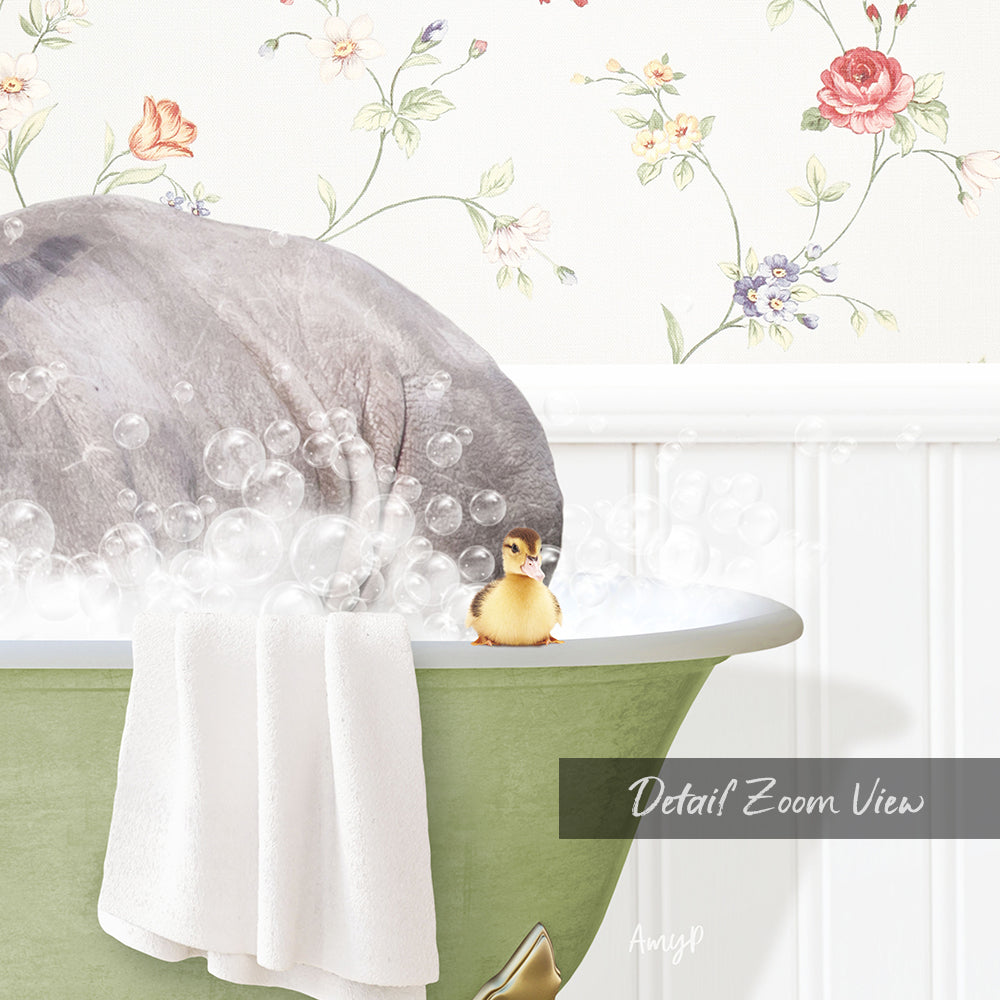 A small yellow duck sits in a green bathtub filled with bubbles, surrounded by a floral wallpaper.