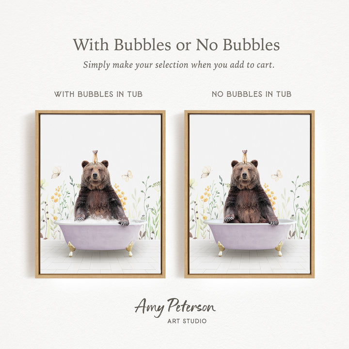 The image is a collage of two framed pictures featuring a bear sitting in a bathtub. The bear is surrounded by flowers and butterflies, creating a whimsical and playful scene.