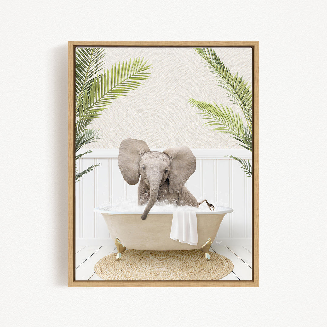 A gray elephant sitting in a white bathtub, surrounded by green palm leaves, creating a whimsical and playful scene.