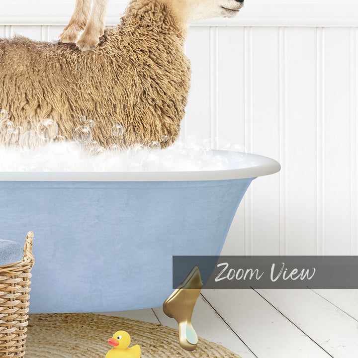 A fluffy brown sheep is standing in a blue bathtub filled with water, with bubbles around it. A yellow rubber duck is also present in the scene.