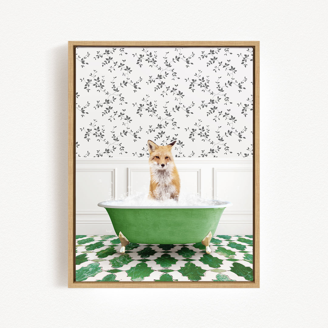 A fox is sitting in a green bathtub filled with water, surrounded by a patterned wall and green and white floor tiles.