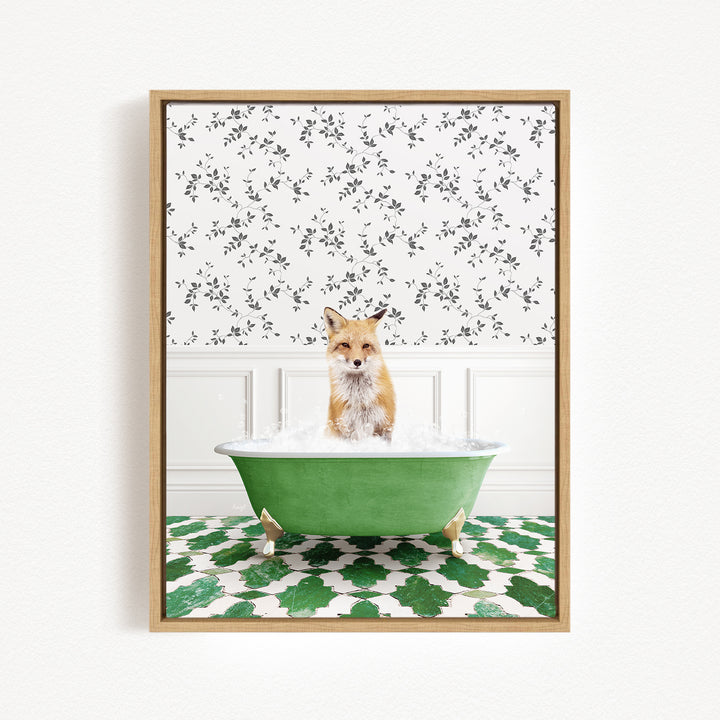 A fox is sitting in a green bathtub filled with water, surrounded by a patterned wall and green and white floor tiles.