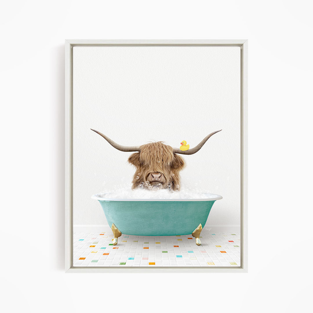 A horned animal, possibly a yak or a bison, is sitting in a blue bathtub filled with water, with a rubber duck floating on the surface.