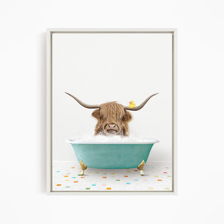 A horned animal, possibly a yak or a bison, is sitting in a blue bathtub filled with water, with a rubber duck floating on the surface.
