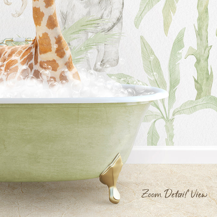 A giraffe standing in a bathtub filled with bubbles, with a green and white tropical wallpaper in the background.