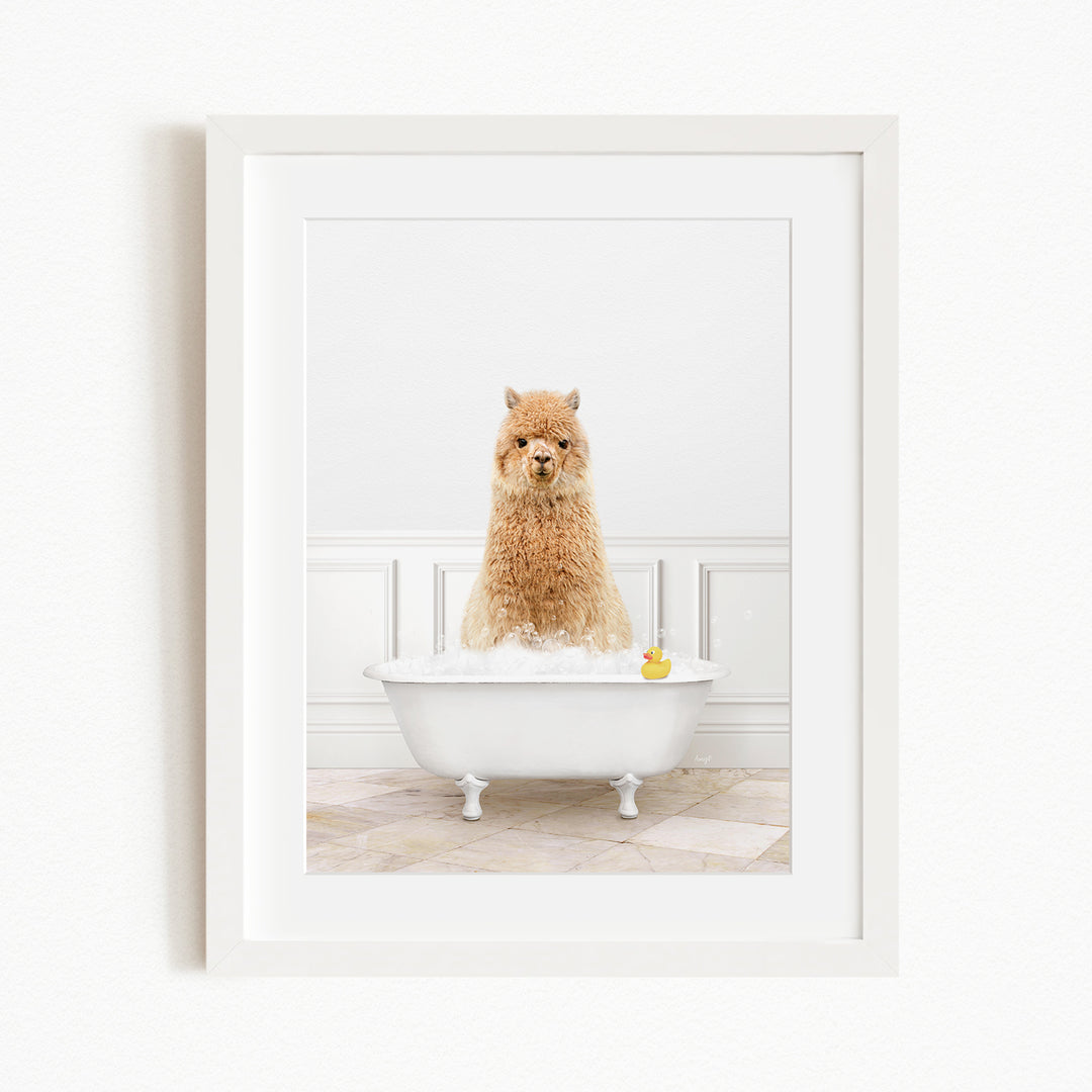 A fluffy brown alpaca sitting in a white bathtub filled with bubbles, with a yellow rubber duck floating in the water.