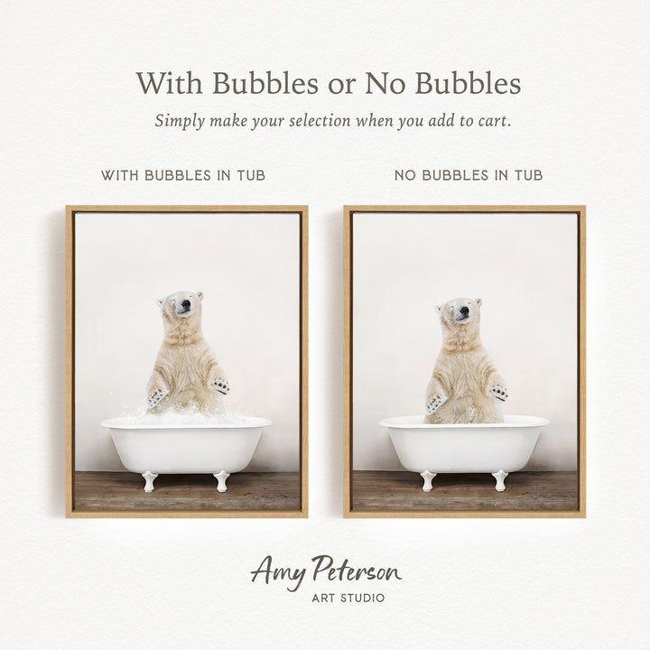 The image is a collage of two pictures featuring a polar bear sitting in a tub. The polar bear appears to be enjoying a bath, with bubbles surrounding it. The polar bear is sitting on a wooden surface, and the tub is filled with water. The image does not contain any text, and the polar bear is the main subject.