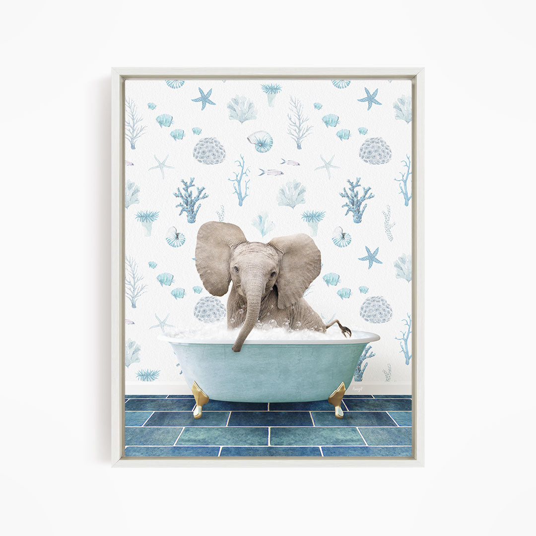 An elephant sitting in a blue bathtub filled with water, surrounded by a pattern of seashells, starfish, and other marine life.