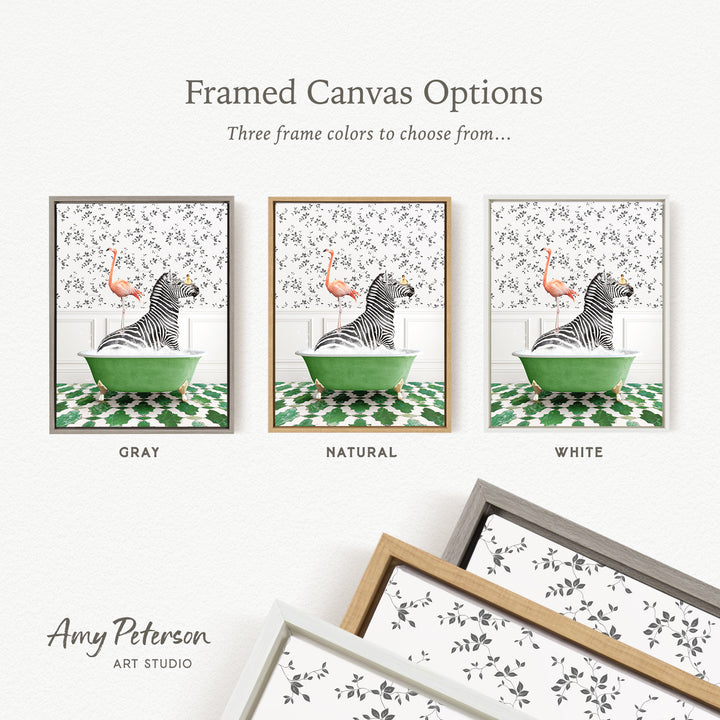 The image is a framed canvas option showcasing three different framed canvas options for a zebra bath. The options include a gray frame, a natural frame, and a white frame. The text above the images reads " Framed Canvas Options" and "Three frame colors to choose from...".