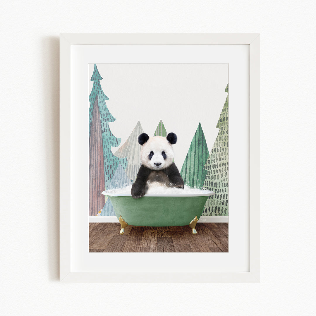 A panda bear sitting in a green bathtub, surrounded by trees and a forest-like background.