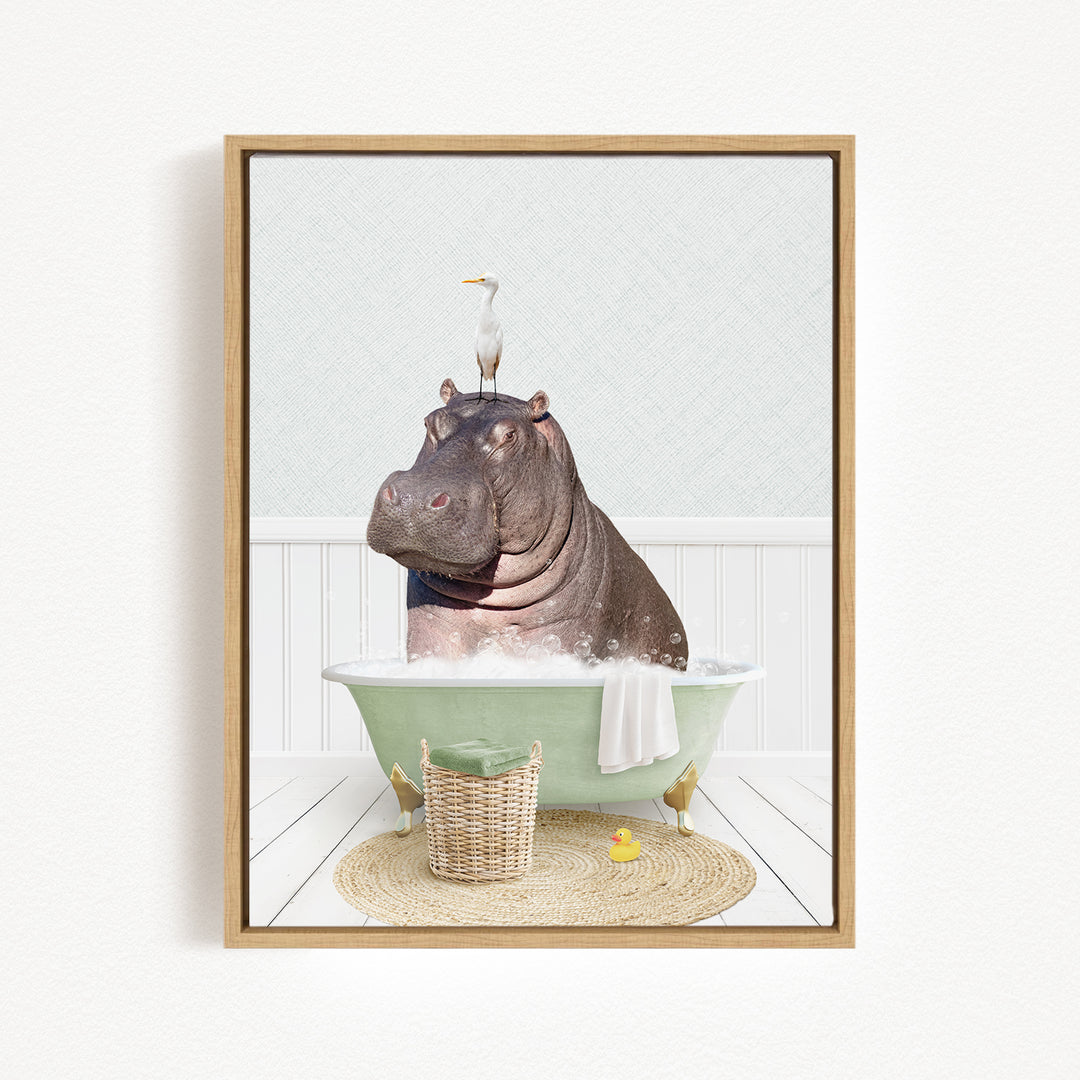 A hippopotamus sitting in a green bathtub, with a bird perched on its head.