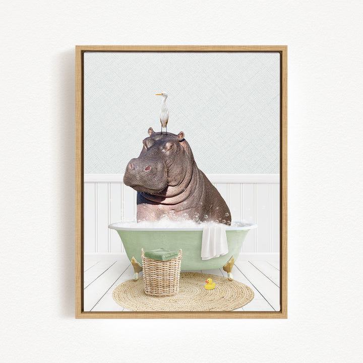 A hippopotamus sitting in a green bathtub, with a bird perched on its head.