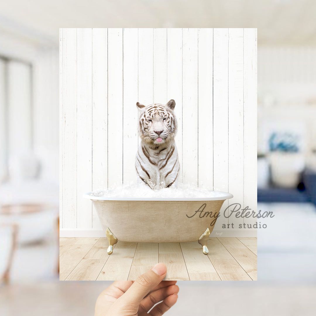 a hand holding a photo of a white tiger in a bathtub