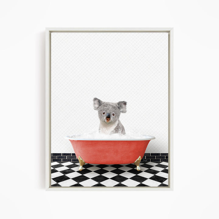 A koala bear sitting in a red bathtub filled with water, surrounded by a black and white checkered floor.