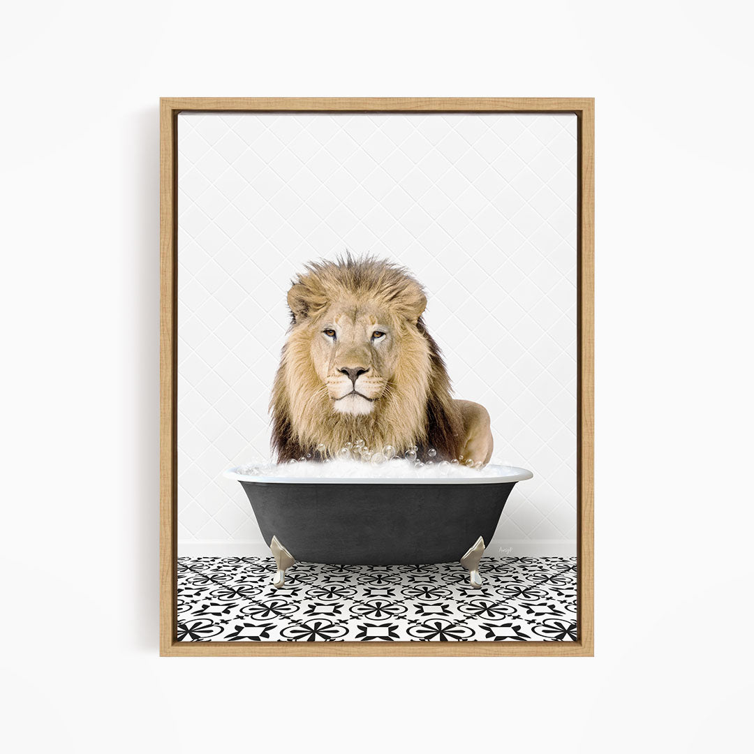 A lion is sitting in a bathtub filled with water, surrounded by a black and white patterned floor.