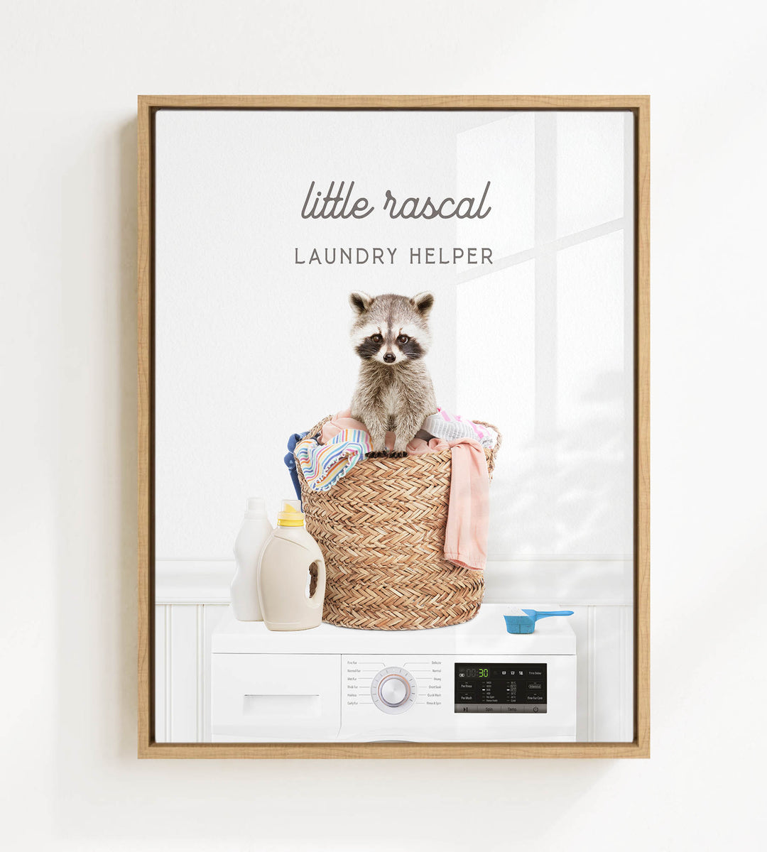 A raccoon sitting on a laundry basket filled with clothes and detergent, with a washing machine and other laundry-related items in the background.
