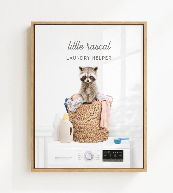 A raccoon sitting on a laundry basket filled with clothes and detergent, with a washing machine and other laundry-related items in the background.