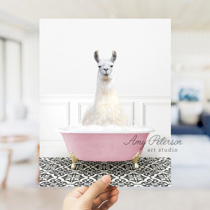 a llama sitting in a pink bath tub