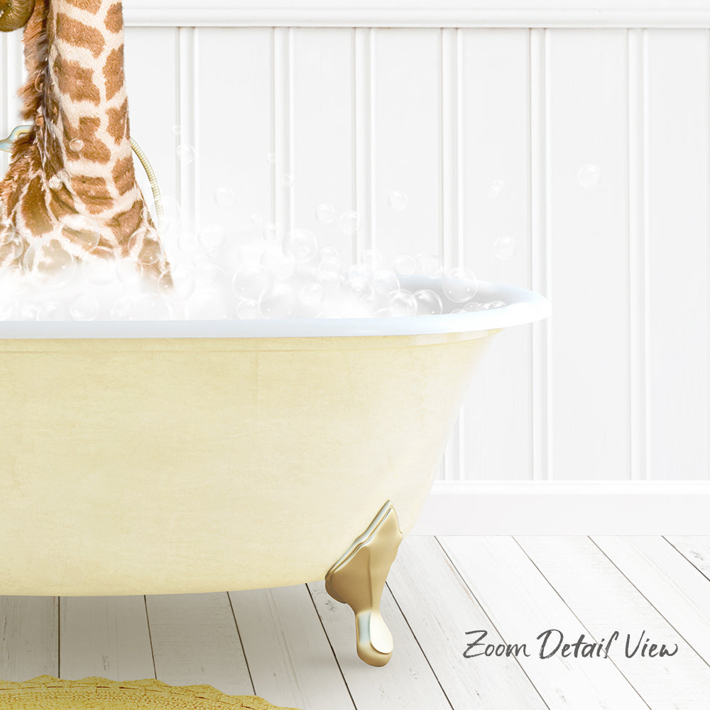 A giraffe standing in a bathtub filled with bubbles, with a white wall and wooden floor in the background.