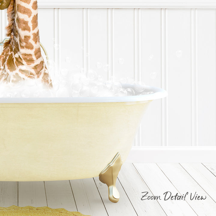 A giraffe standing in a bathtub filled with bubbles, with a white wall and wooden floor in the background.