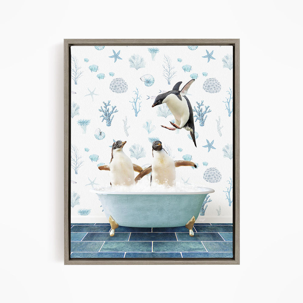 A framed image depicting two penguins sitting in a bathtub, with one penguin flying towards the other in mid-air.