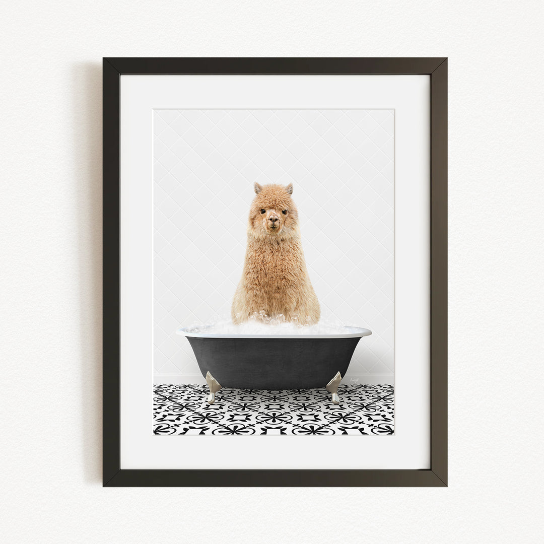 A fluffy brown dog sitting in a black bathtub filled with water, surrounded by a black and white patterned tile floor.