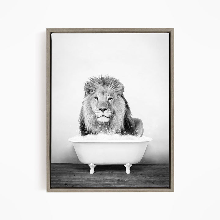 A lion sitting in a bathtub filled with water, appearing to be enjoying the bath.