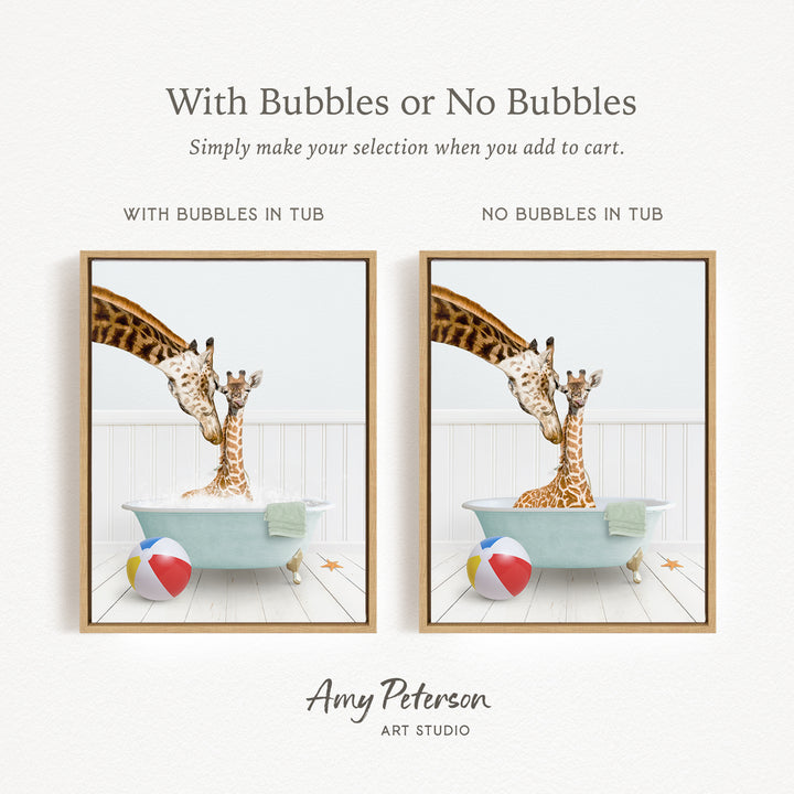 The image is a collage of two framed pictures depicting giraffes in bathtubs. The first picture shows a giraffe with bubbles in the tub, while the second picture shows a giraffe without bubbles in the tub. The text above the images reads "With Bubbles or No Bubbles Simply make your selection when you add to cart."
