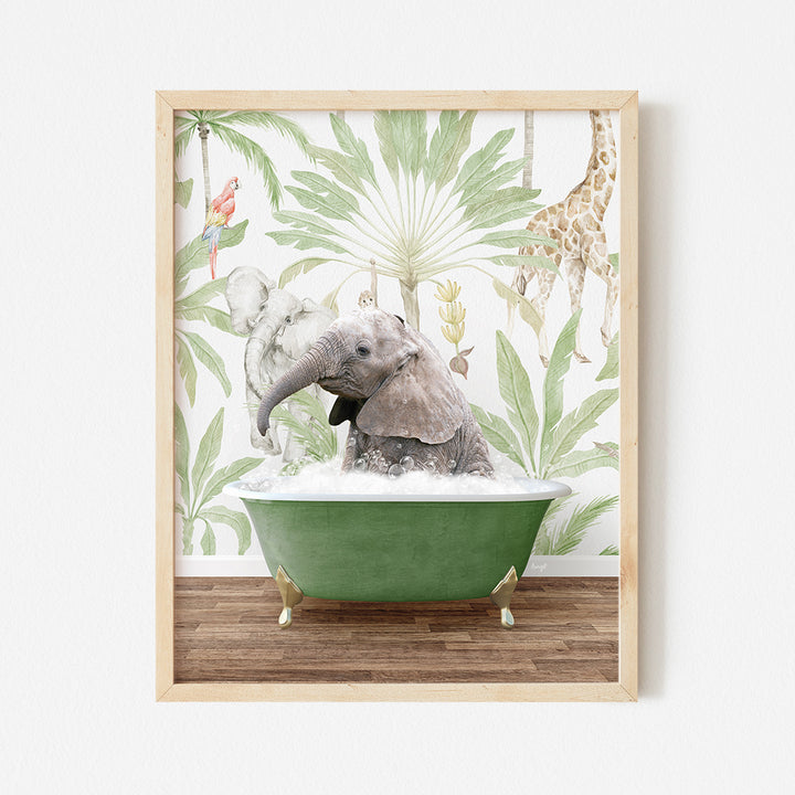 an elephant and giraffe in a green bathtub