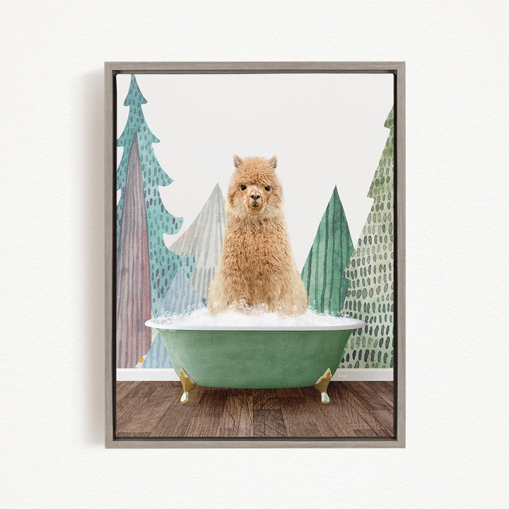 A fluffy brown dog is sitting in a green bathtub filled with water, surrounded by a forest-themed background.