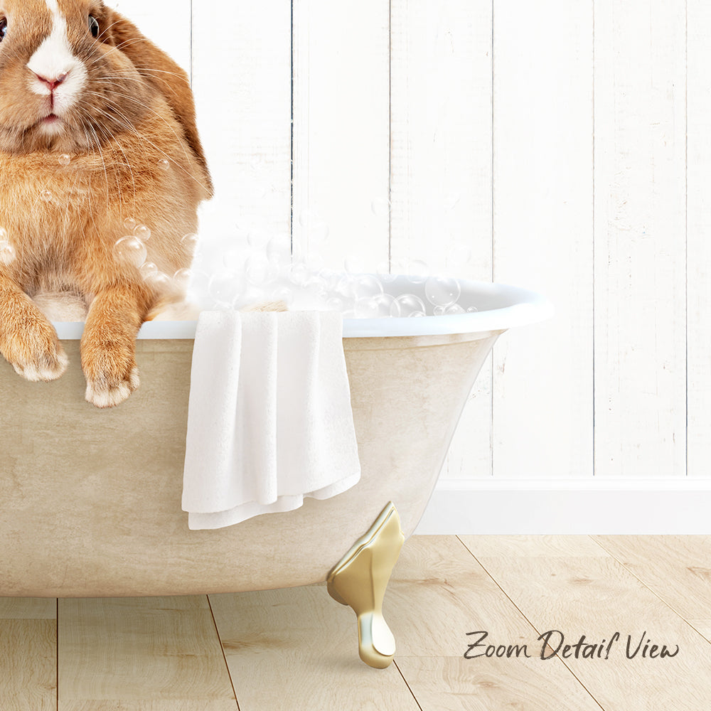 A brown rabbit sitting in a white bathtub filled with bubbles, with a towel draped over the side.