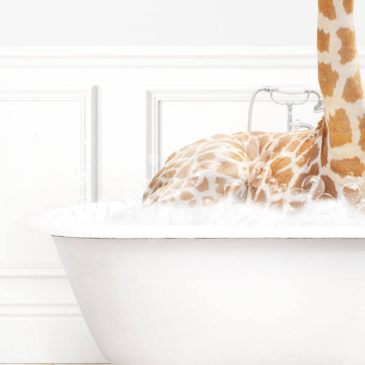 a giraffe sticking its head out of a bathtub