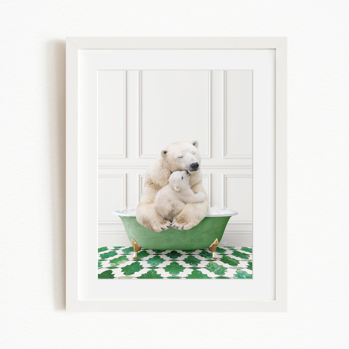 A polar bear and its cub sitting together in a green bathtub, with the bear appearing to be hugging the cub.