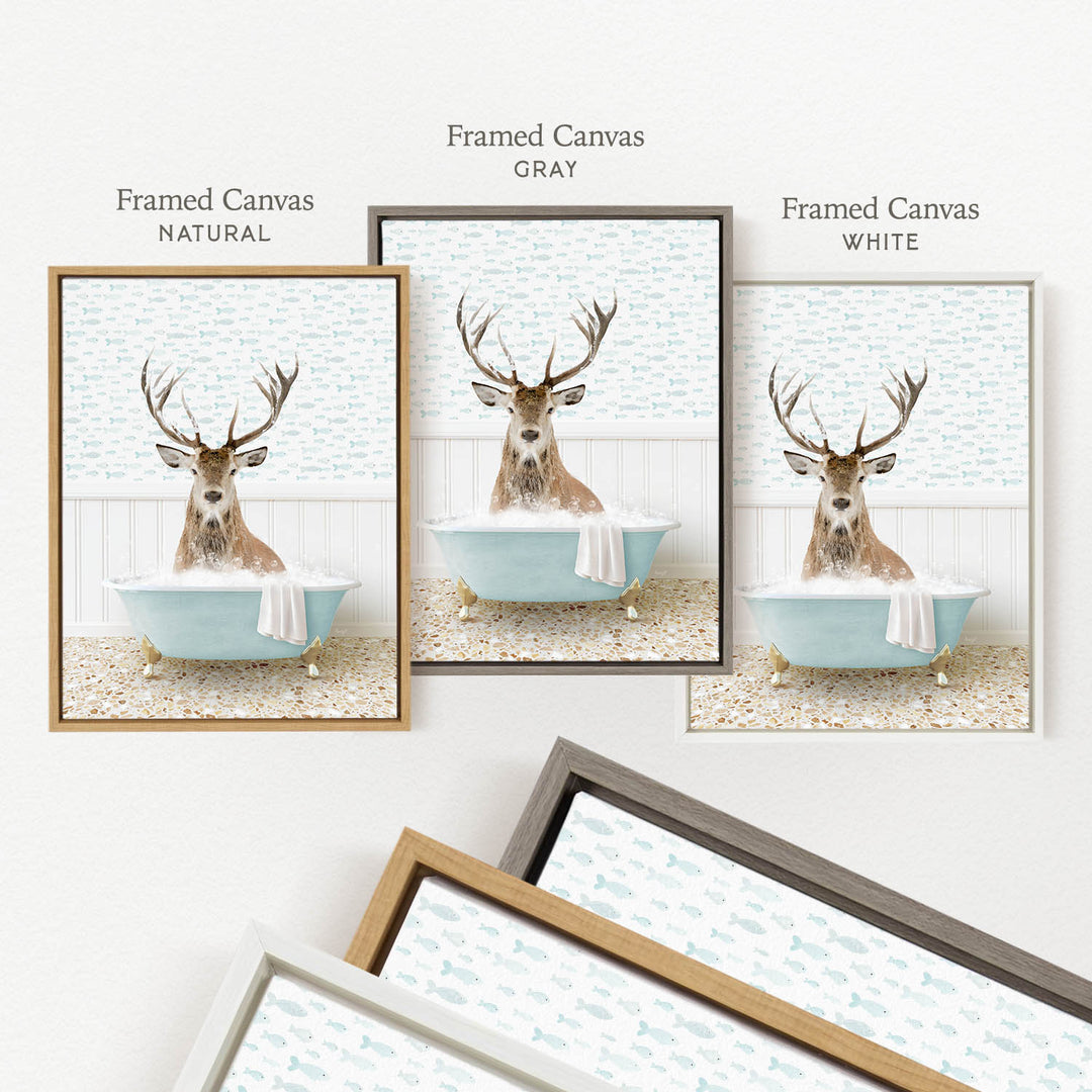 three framed pictures of a deer sitting in a bathtub, each with a different color frame. The first frame is natural, the second is gray, and the third is white.