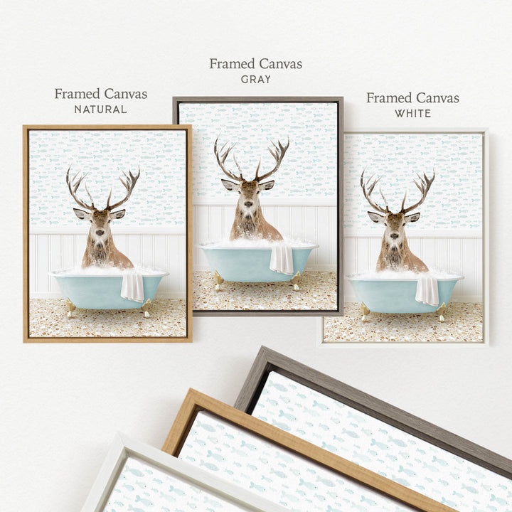 three framed pictures of a deer sitting in a bathtub, each with a different color frame. The first frame is natural, the second is gray, and the third is white.